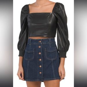 7 FOR ALL MANKIND Faux Leather Blouson Sleeve Crop Top Style 81378 NWT